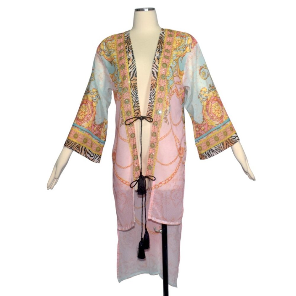 Ranees Swim Cover Duster Sheer Print Rhinestones One Size OS